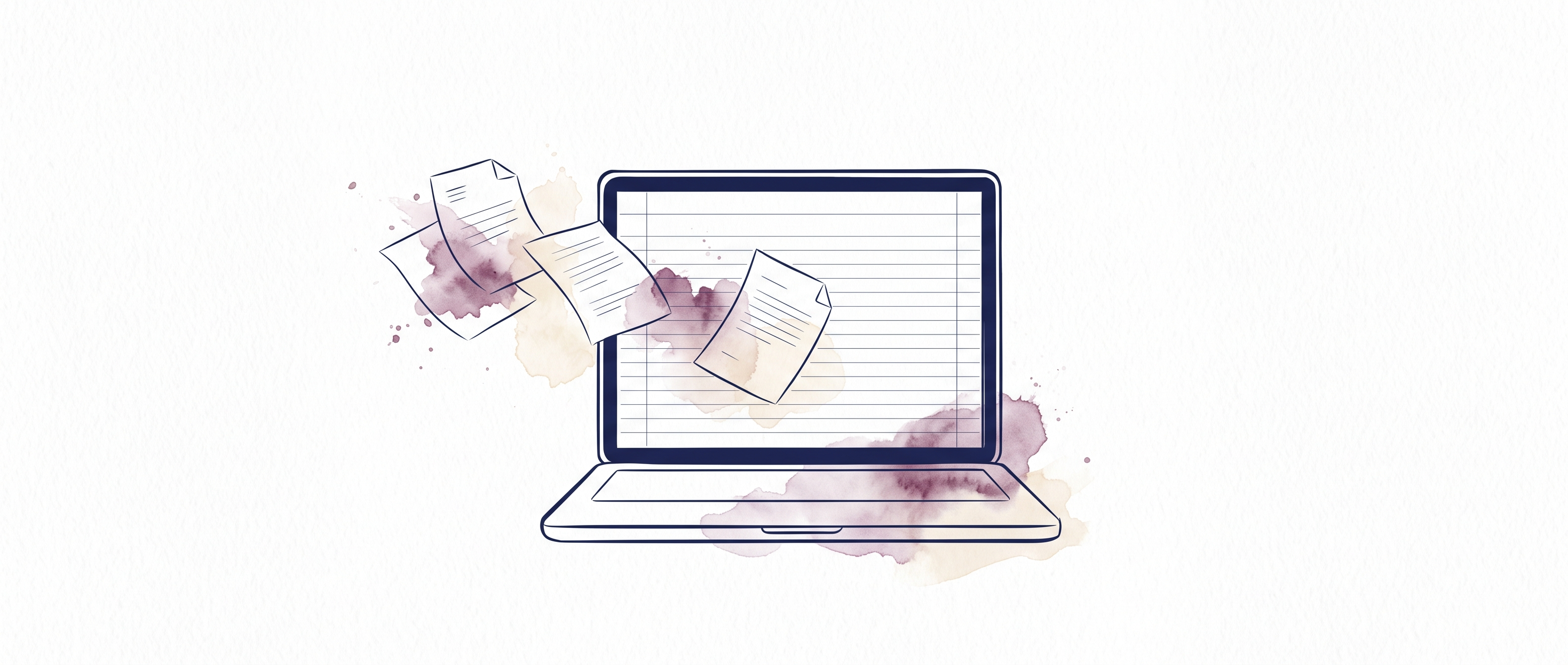 Watercolor illustration of a laptop with statement pages drifting into a blank ruled grid on its screen
