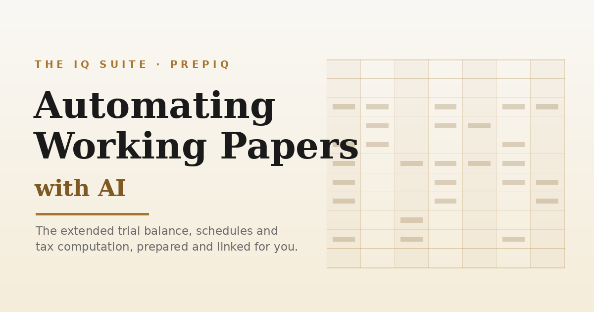 An extended trial balance grid beside the title Automating Working Papers with AI, in The IQ Suite house style