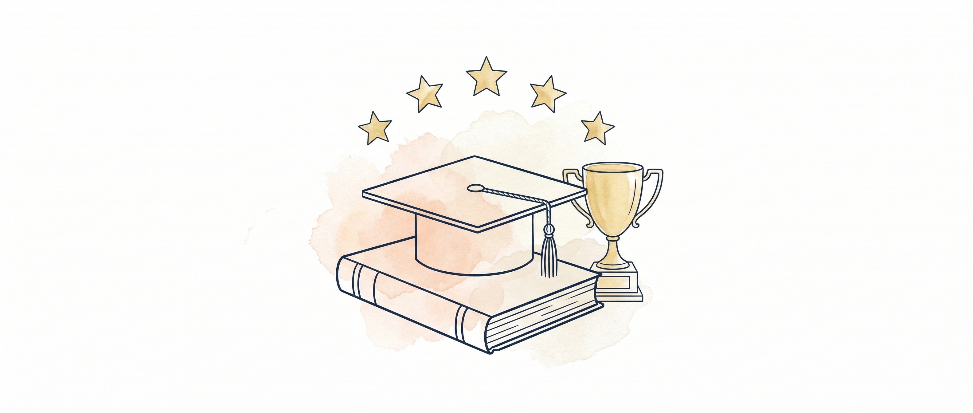 Watercolour illustration of a graduation cap on a reconciliation ledger with mastery stars