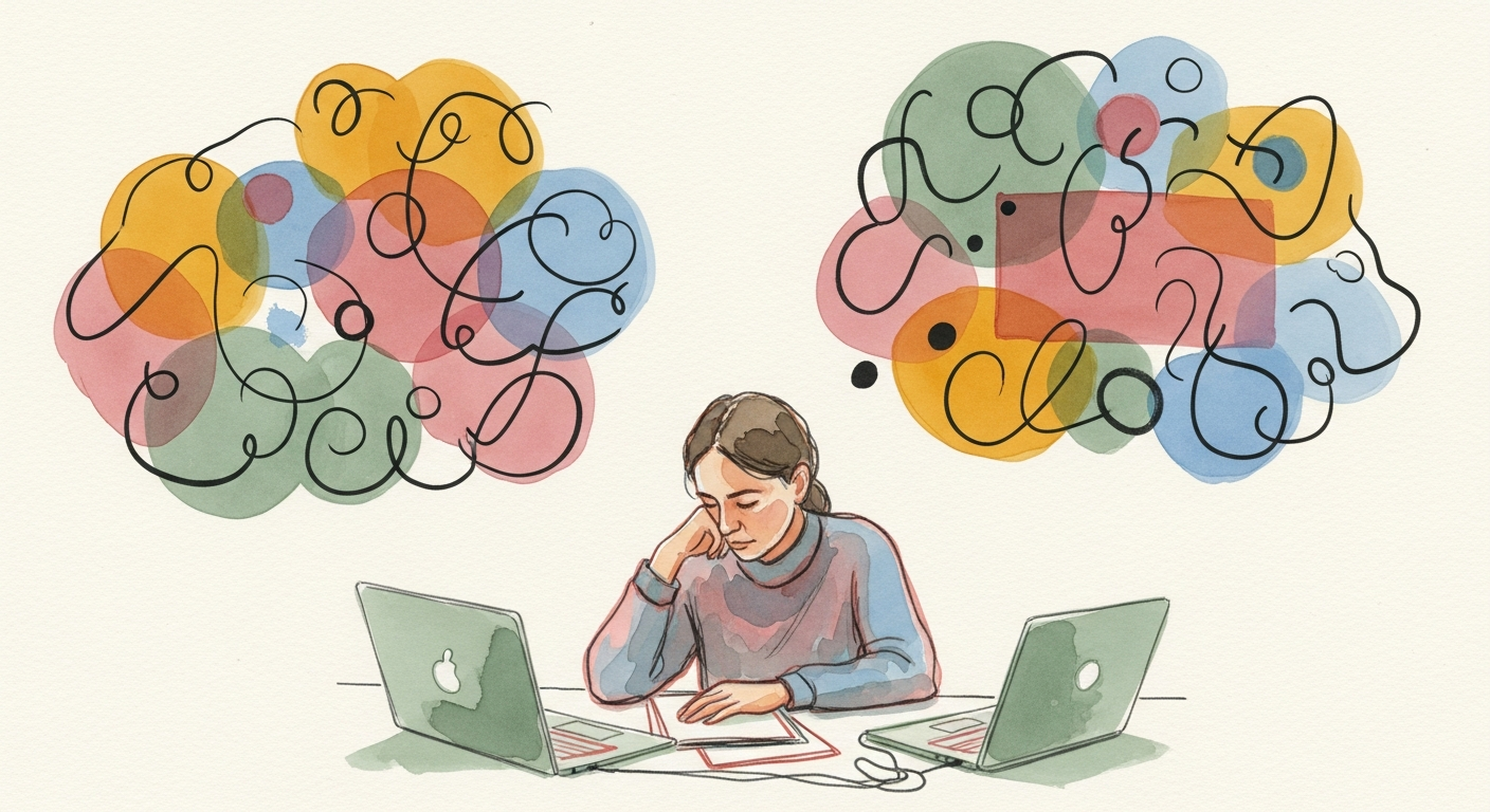 Watercolour illustration of a sole trader choosing between accounting software options