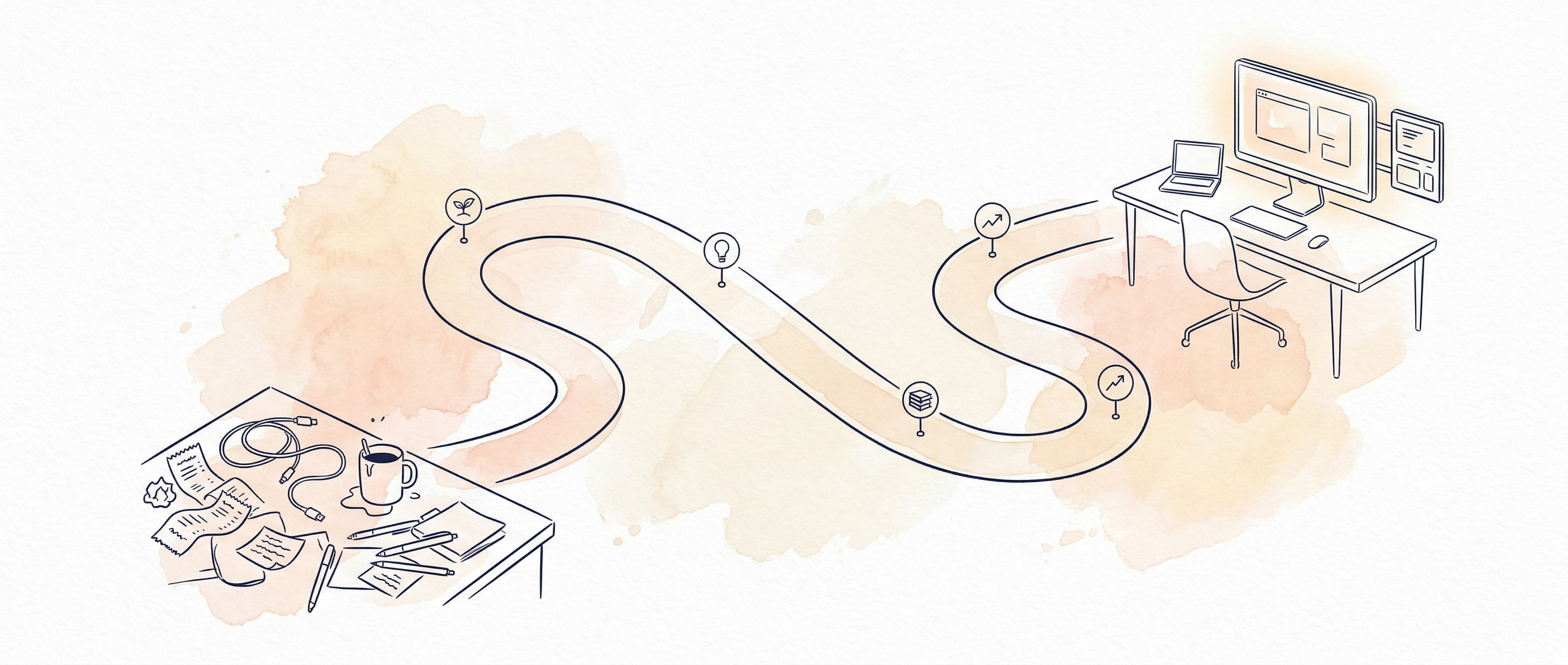 Watercolour illustration of a winding path from messy receipts to a clean automated workspace
