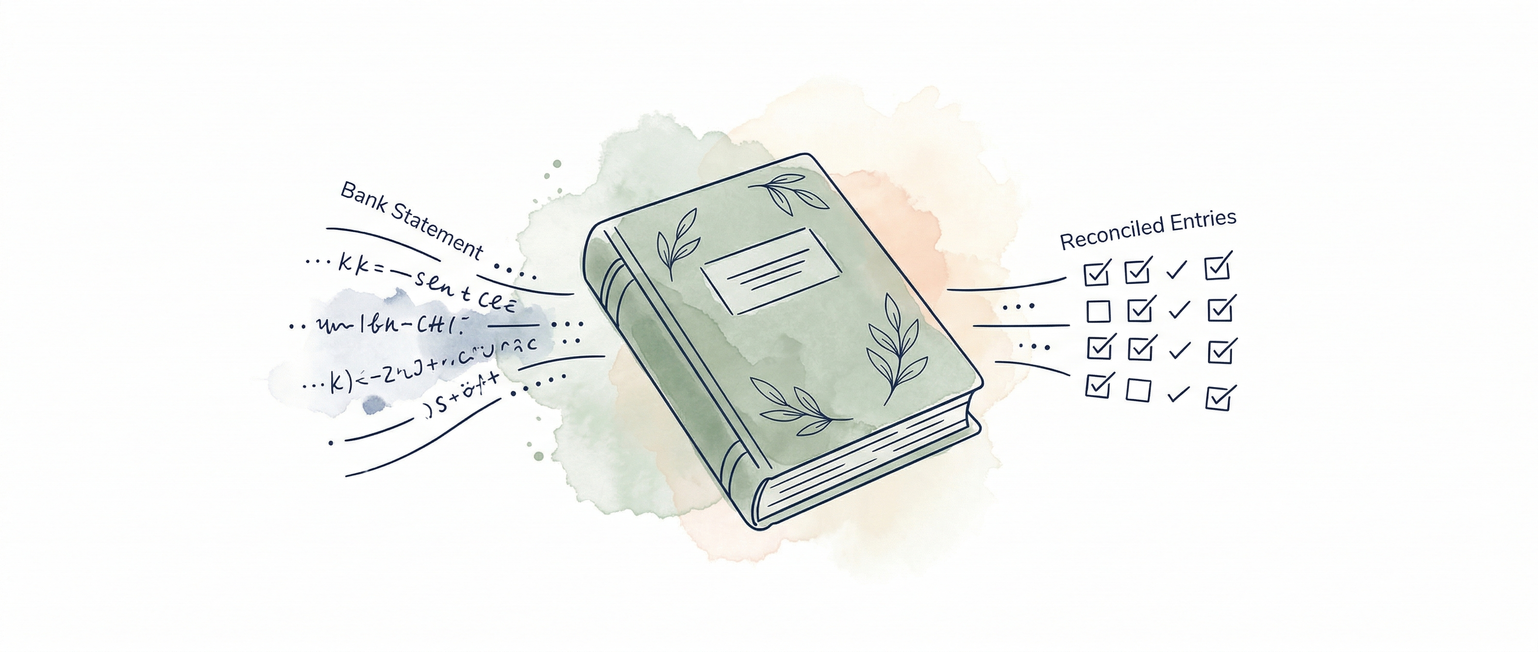 Watercolour illustration of sage-green accounting book with bank data flowing through