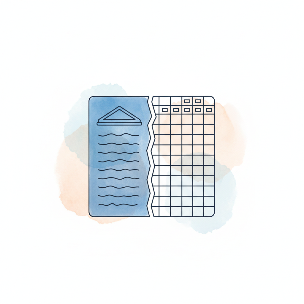 Watercolour illustration of a TSB bank document splitting into a clean spreadsheet grid