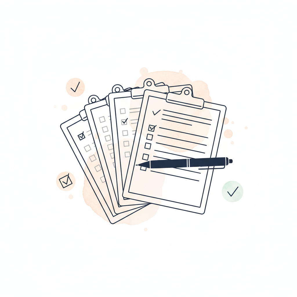Watercolour illustration of beautifully organized clipboard templates with checklists and grids