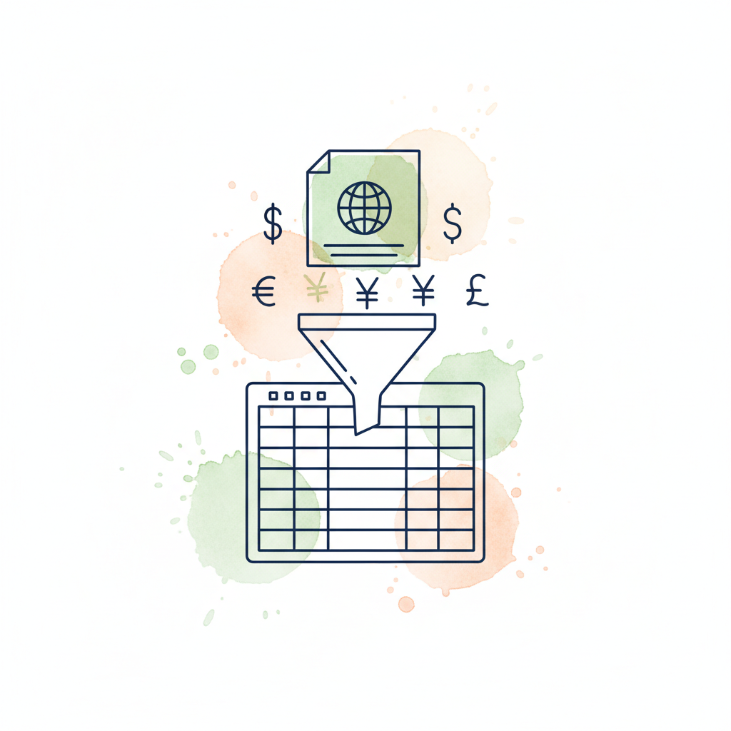 Watercolour illustration of a Wise bank document with currency symbols funnelling into a spreadsheet