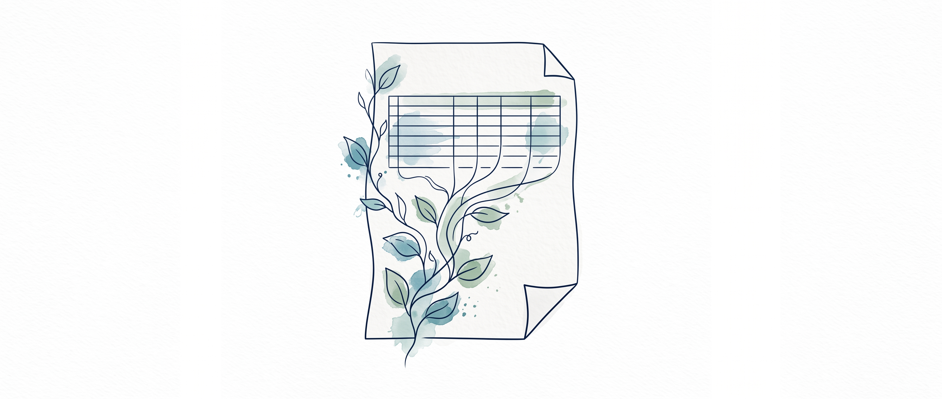 Watercolor illustration of a climbing vine on a folded statement page, its tendrils straightening into ruled lines