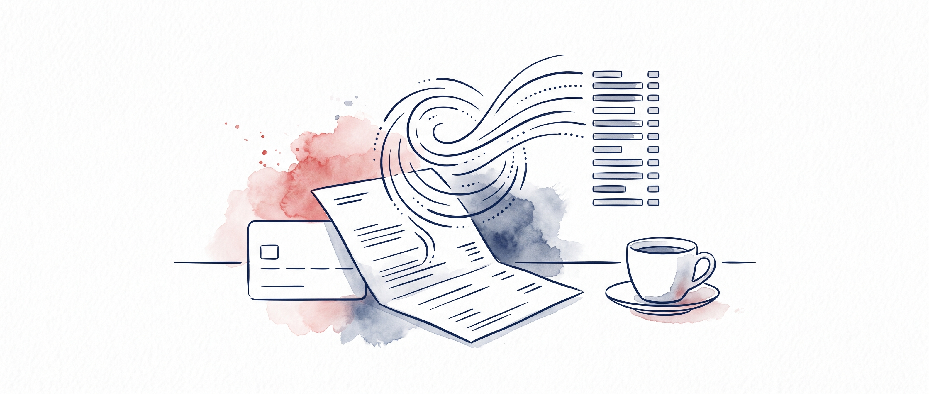 Watercolor illustration of a credit card and folded statement with transaction lines settling into sorted rows