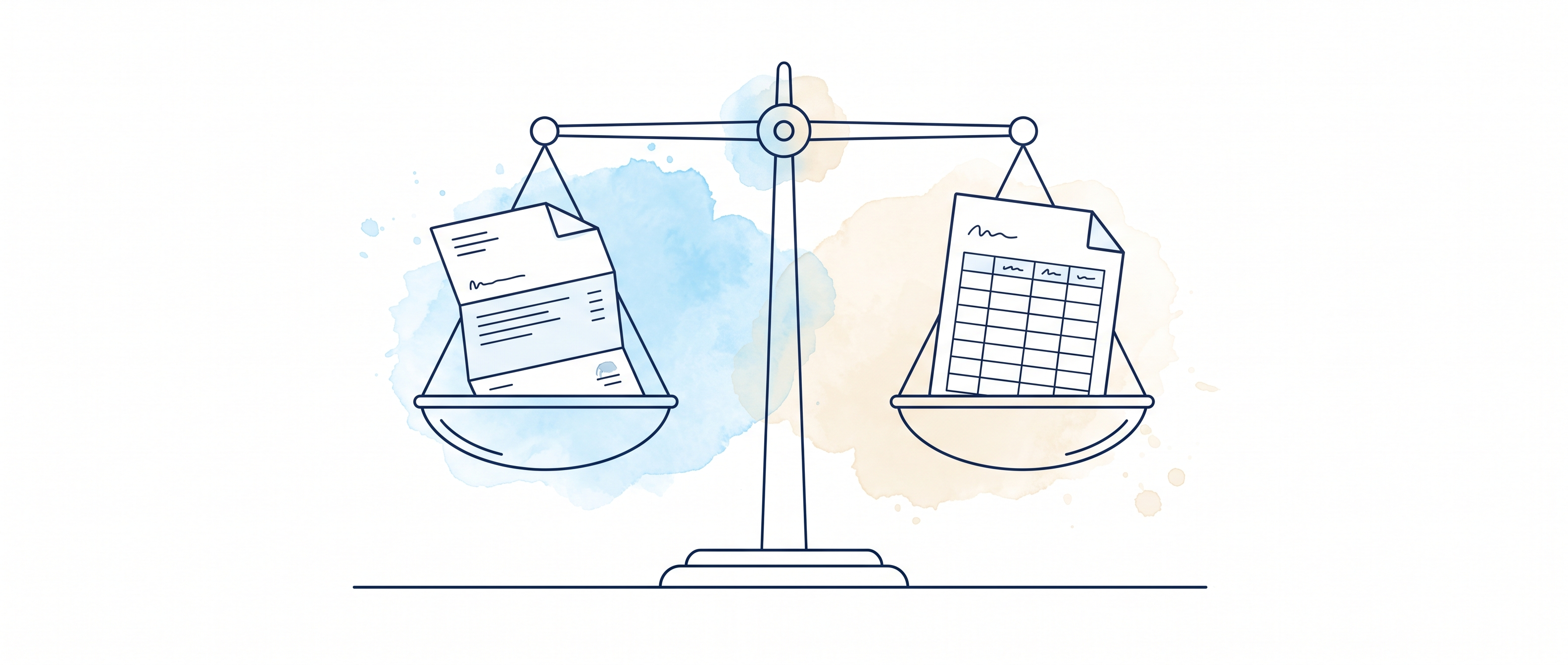 Watercolor illustration of balanced scales holding a folded statement on one side and a spreadsheet grid on the other