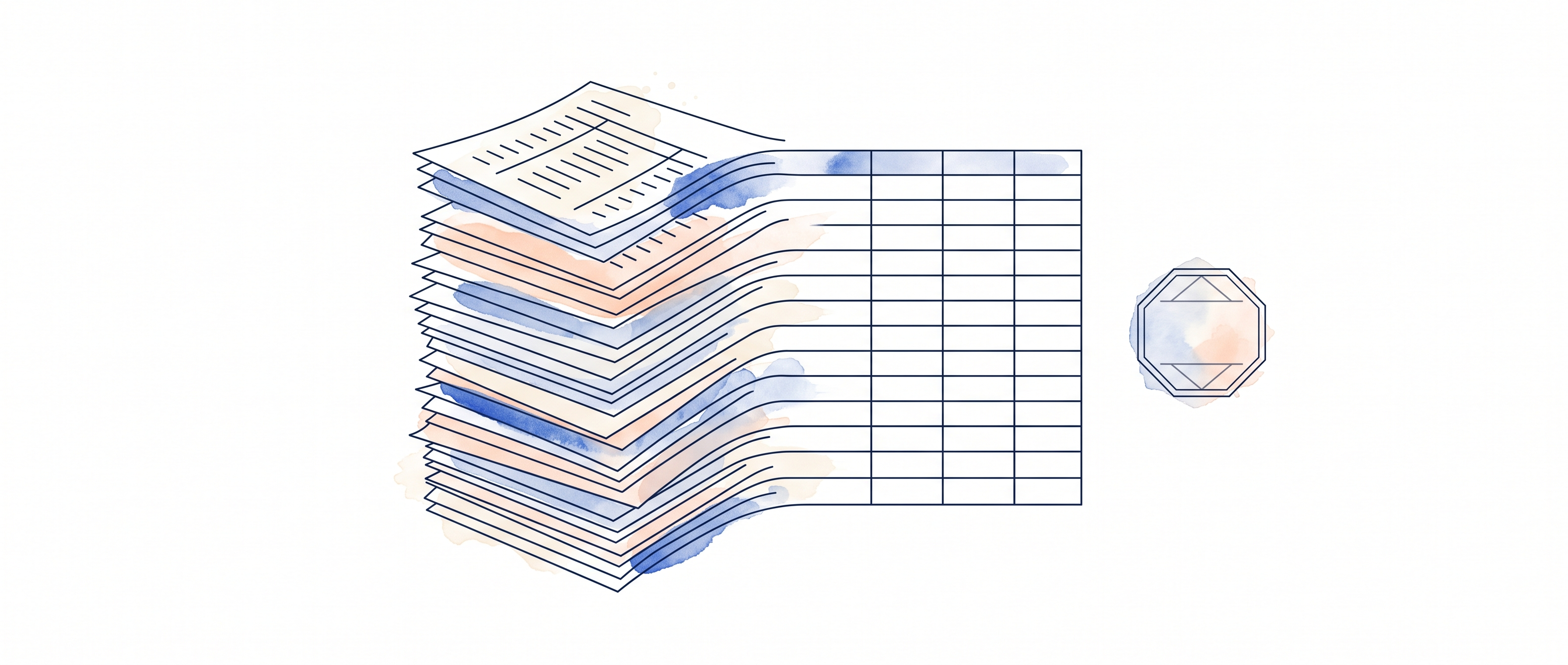Watercolor illustration of a stack of monthly bank statements resolving into a clean spreadsheet grid