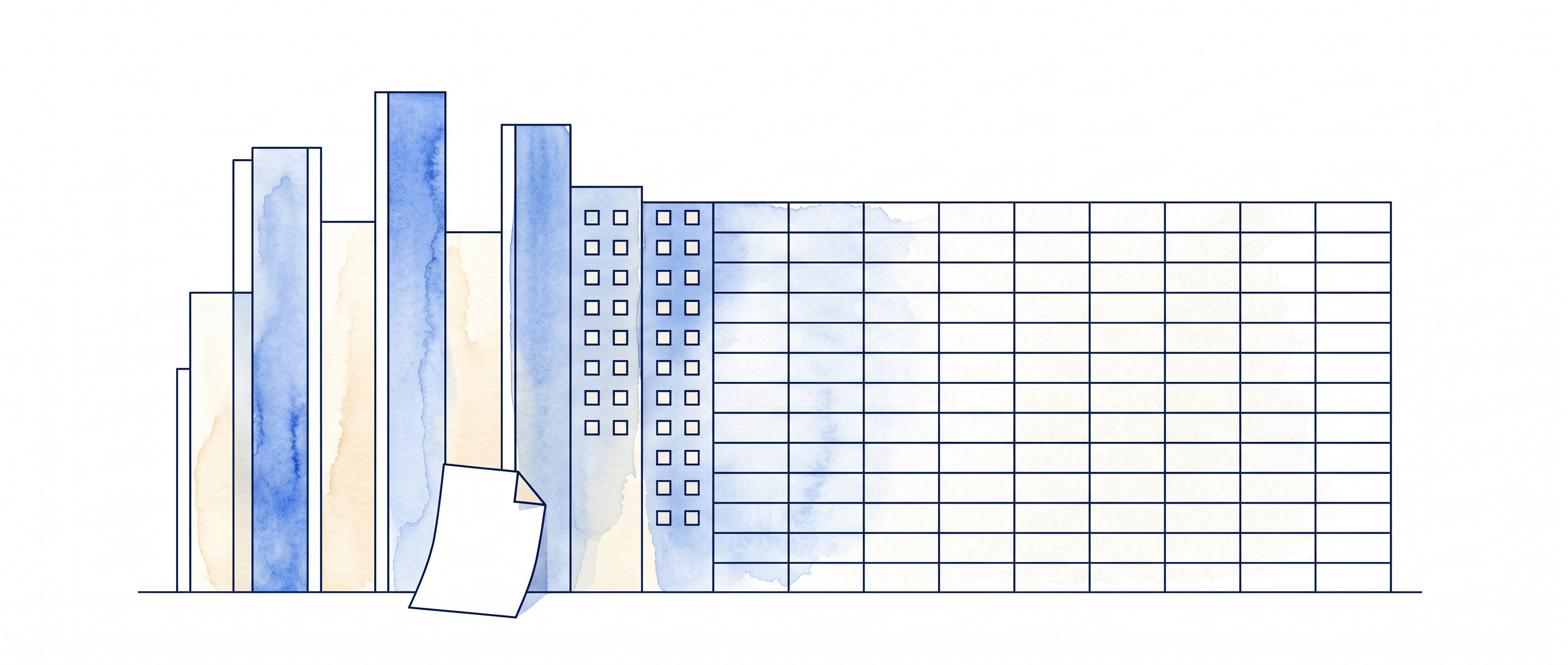 Watercolor illustration of a city skyline whose windows become the cells of a spreadsheet grid