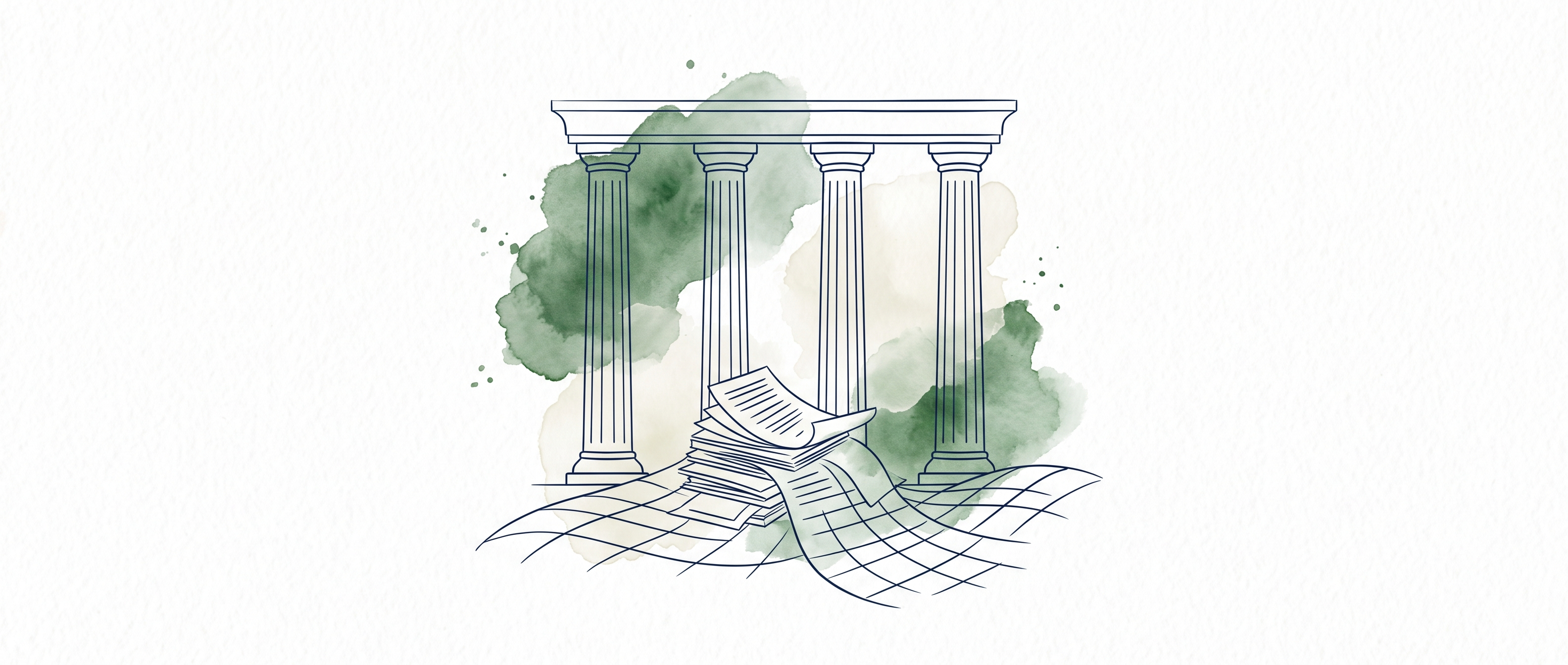 Watercolor illustration of a colonnade with statement pages at its base flowing out into an empty grid