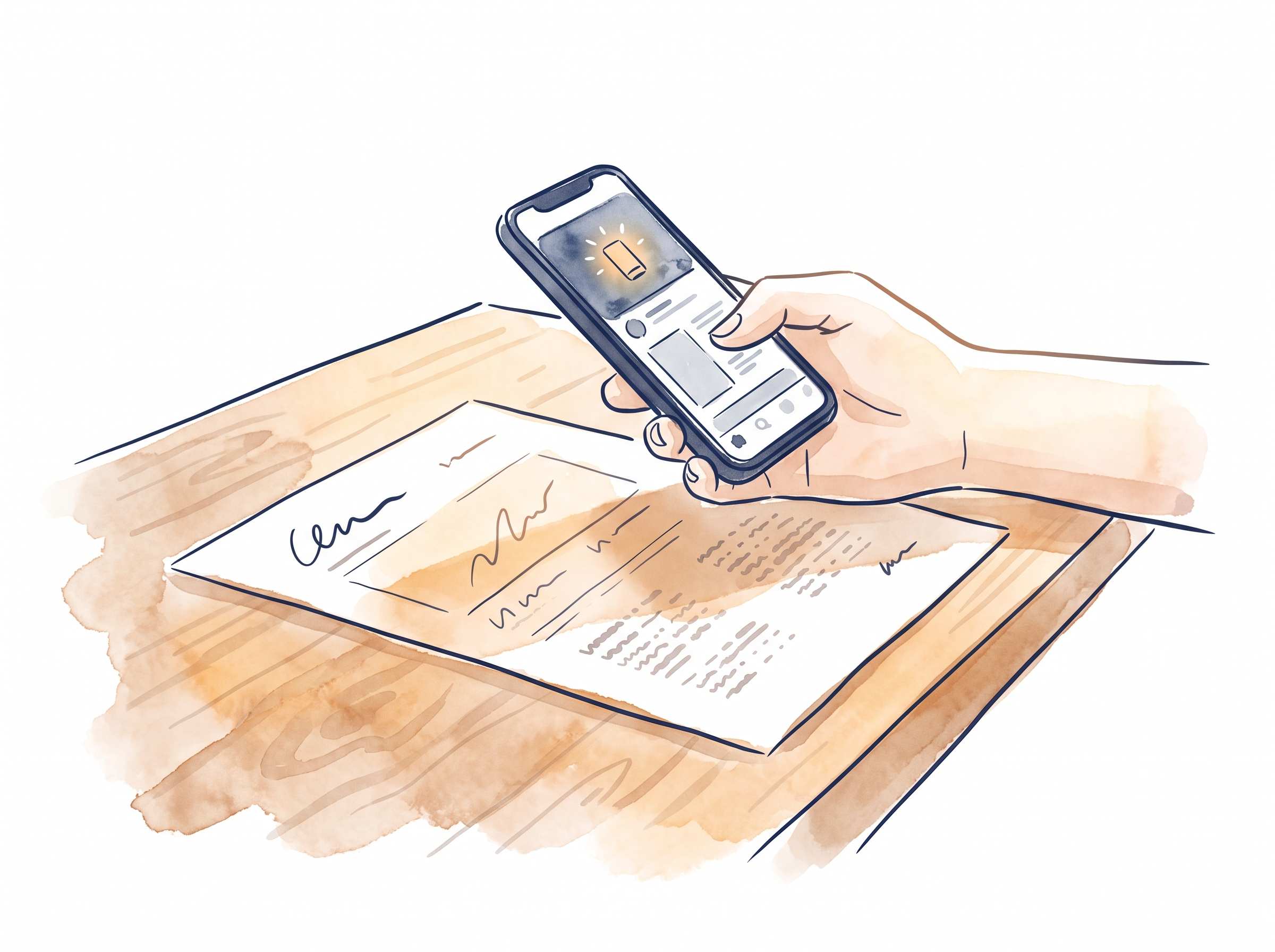 A hand photographing a paper bank statement on a wooden table at an angle