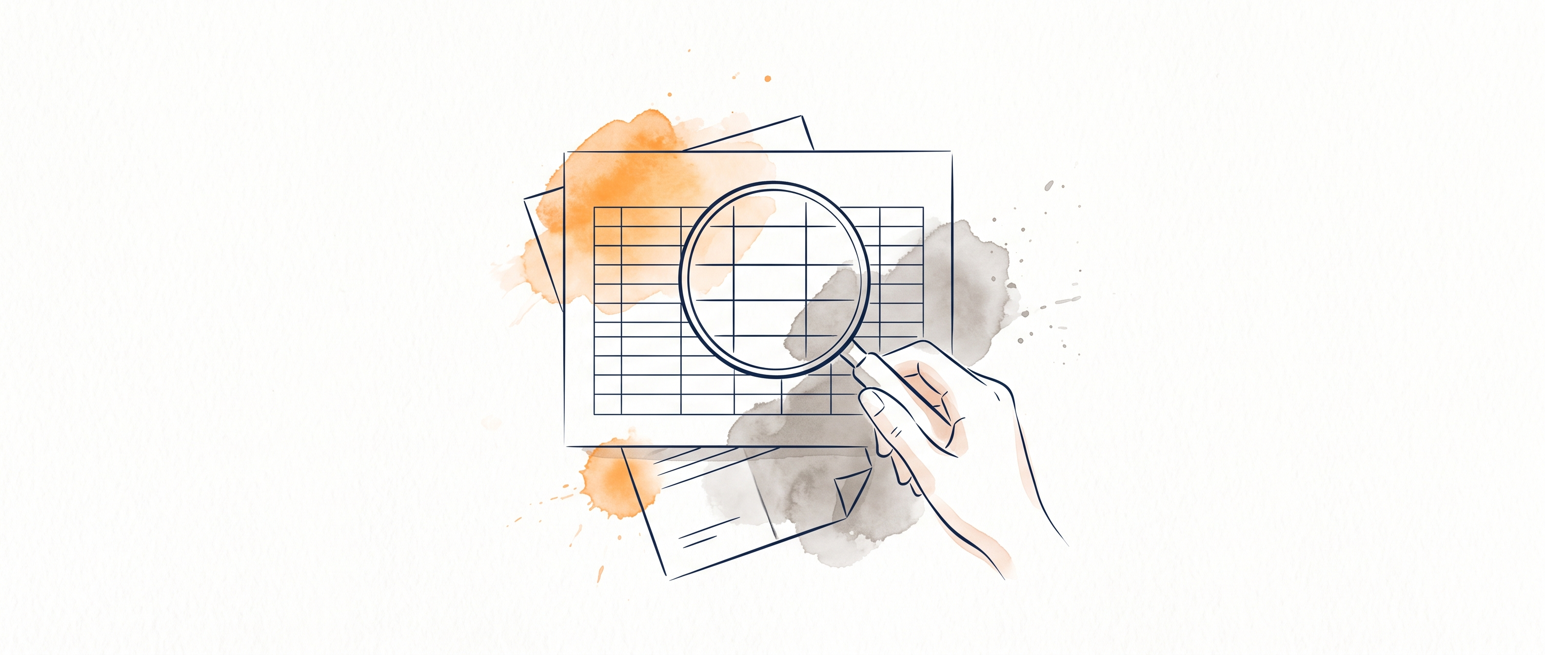 Watercolor illustration of a magnifying glass held over an empty spreadsheet grid beside a folded statement