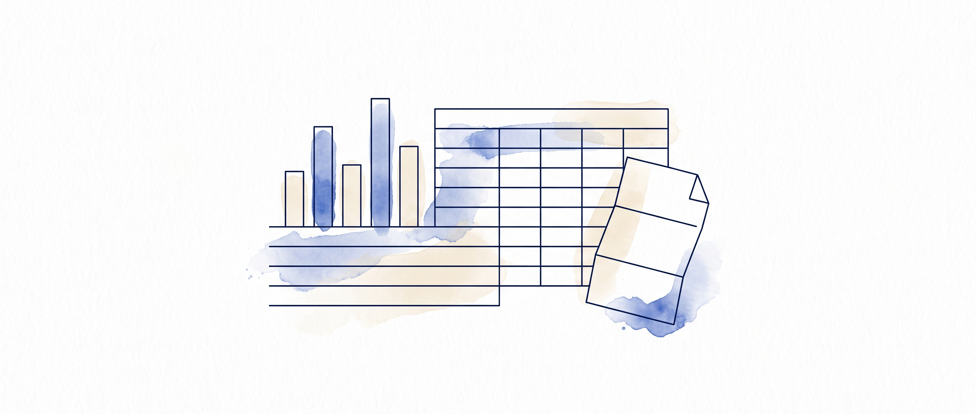 Watercolor illustration of five vertical bars and three ruled bands resolving into an empty spreadsheet grid