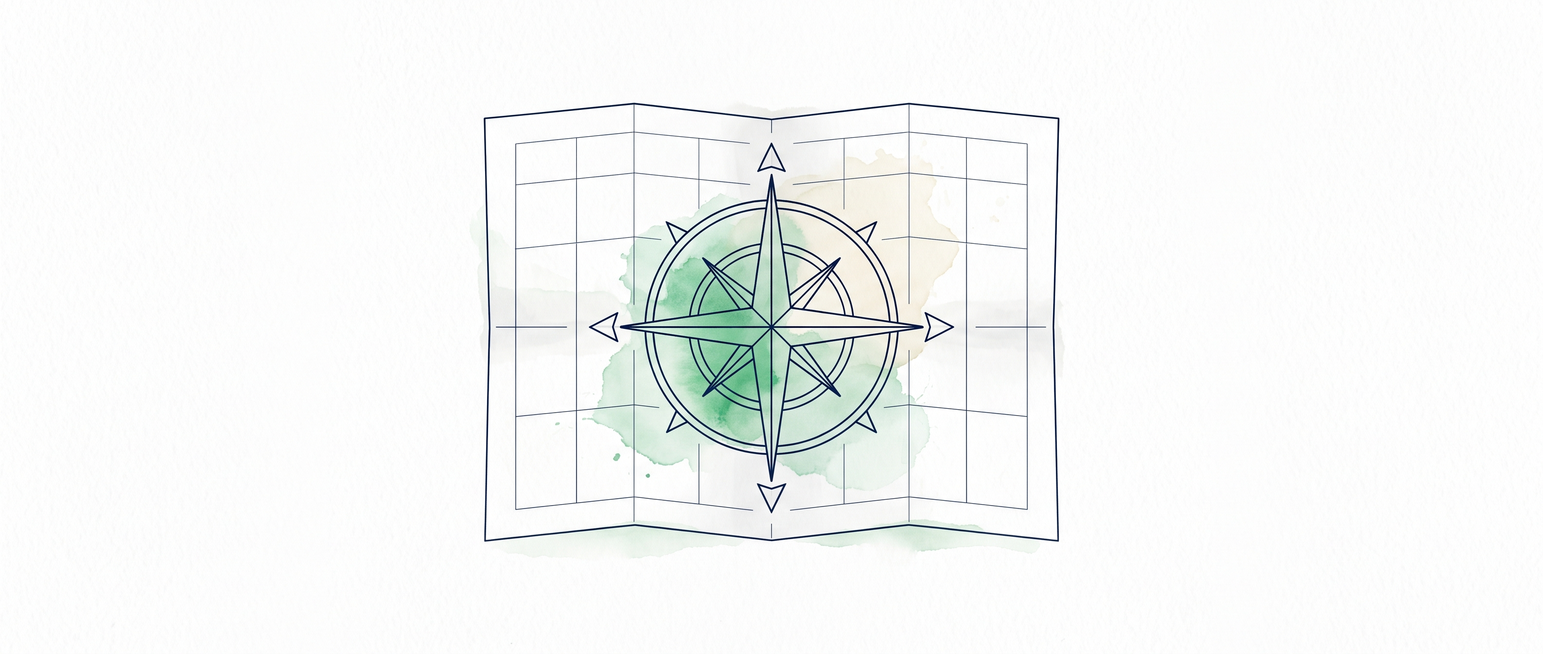 Watercolor illustration of a compass rose on a folded statement, its cardinal lines extending into grid columns