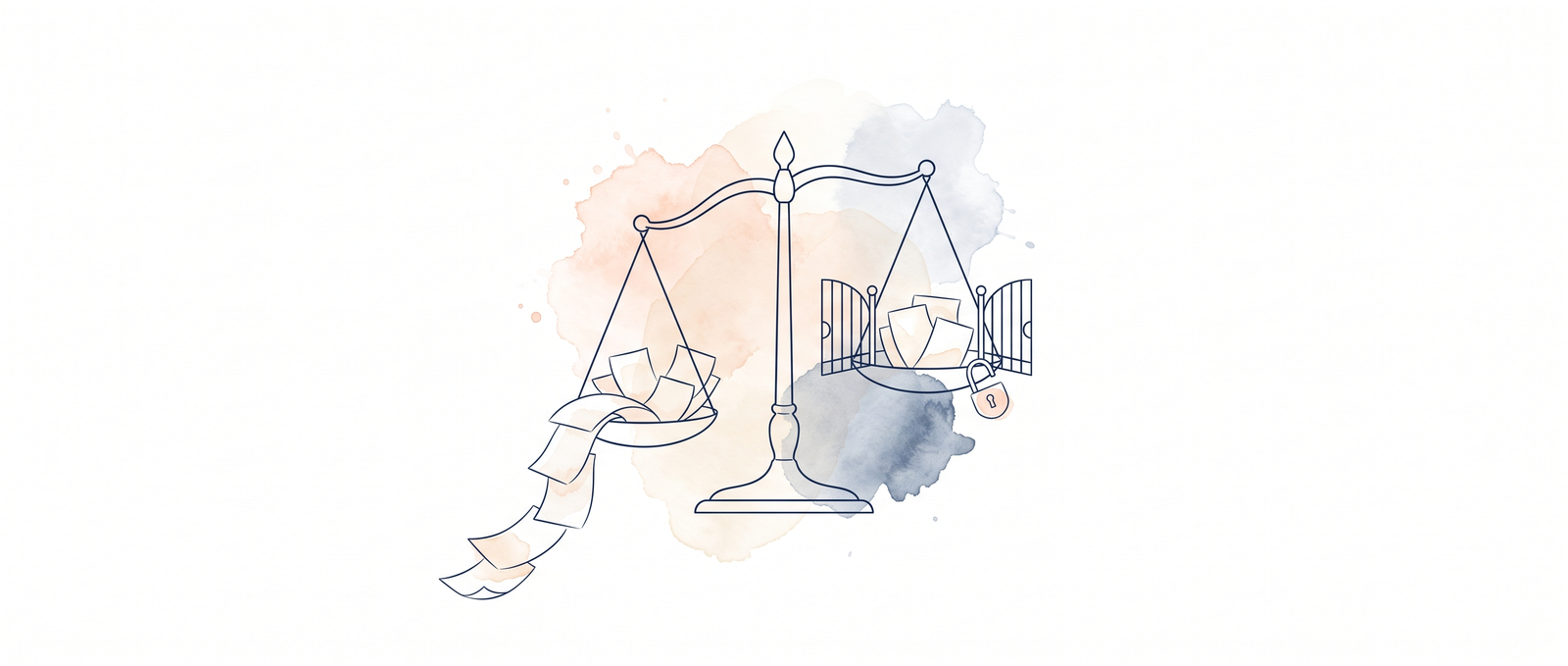 Watercolour illustration of a set of scales, ledger lines flowing freely down one side and a few lines paused behind a small gate on the other