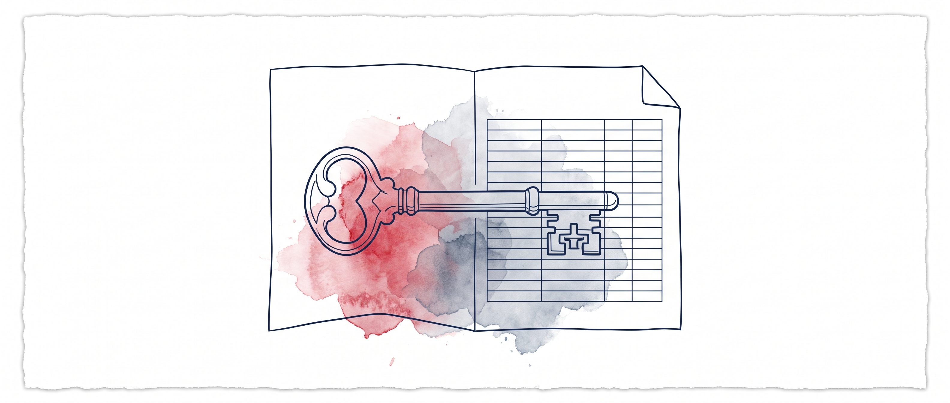 Watercolor illustration of an old key lying across a folded statement, its teeth aligning with ruled grid lines