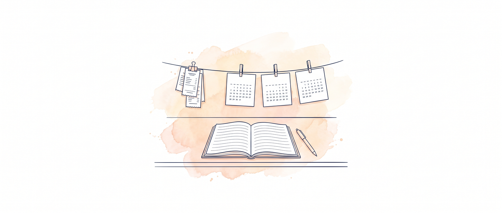 Watercolour illustration of a small workbench with a single open notebook, four calendar leaves pinned above it and a neat line of receipts clipped along a wire
