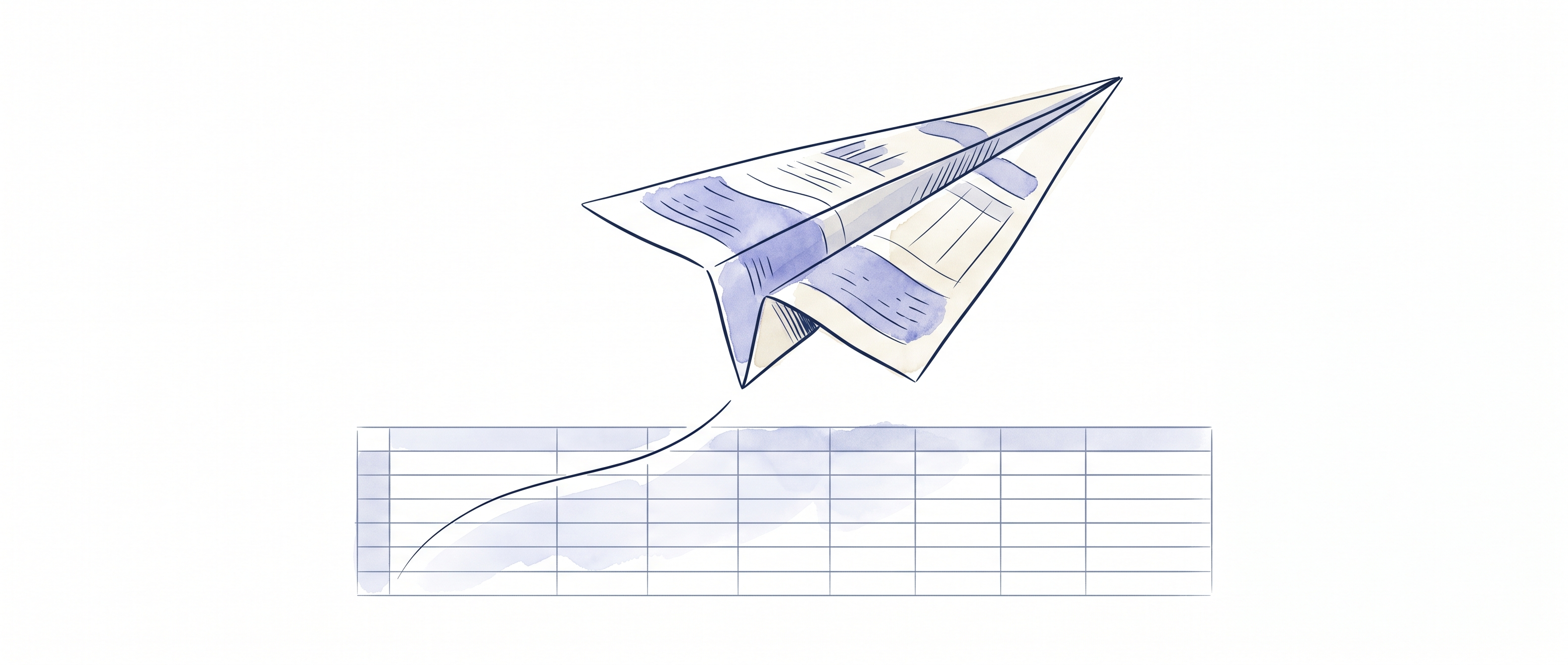 Watercolor illustration of a paper aeroplane made from a statement page, its trail resolving into spreadsheet rows