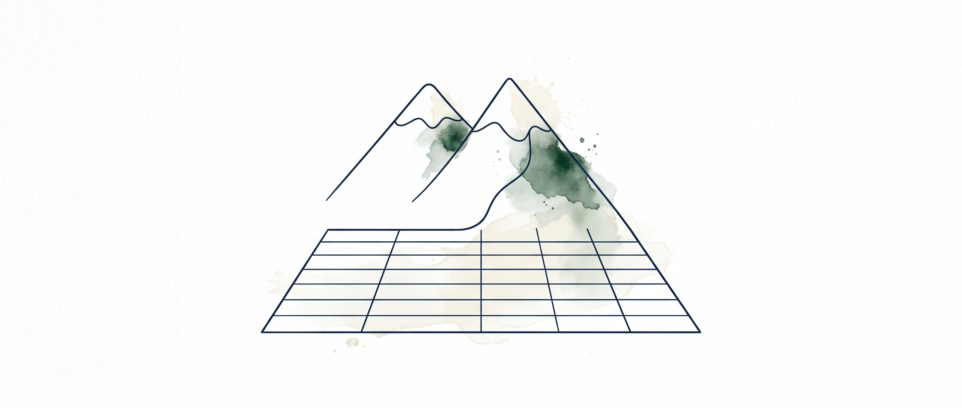 Watercolor illustration of two mountain peaks whose slope continues down into ruled spreadsheet lines