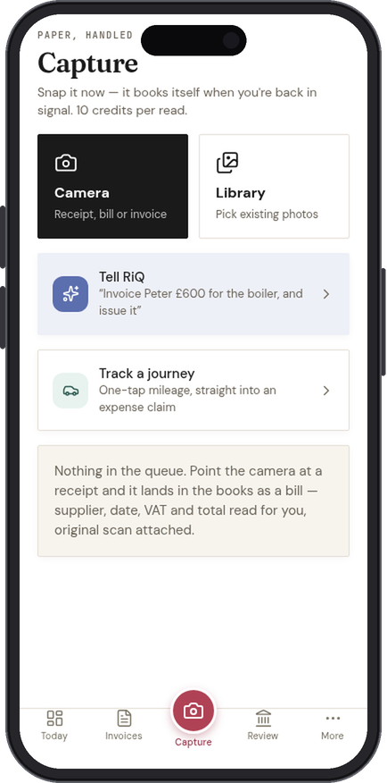 The Capture tab in the native IQ Books app: camera, library, Tell RiQ and Track a journey