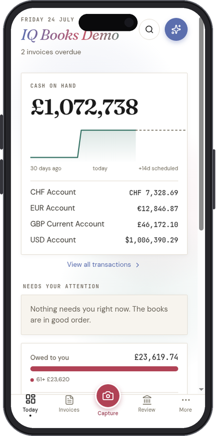 The Today screen in the IQ Books app: cash on hand, projected curve and the day's work