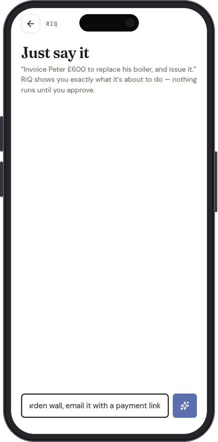 The RiQ voice screen in the IQ Books app: Just say it, with the command typed in