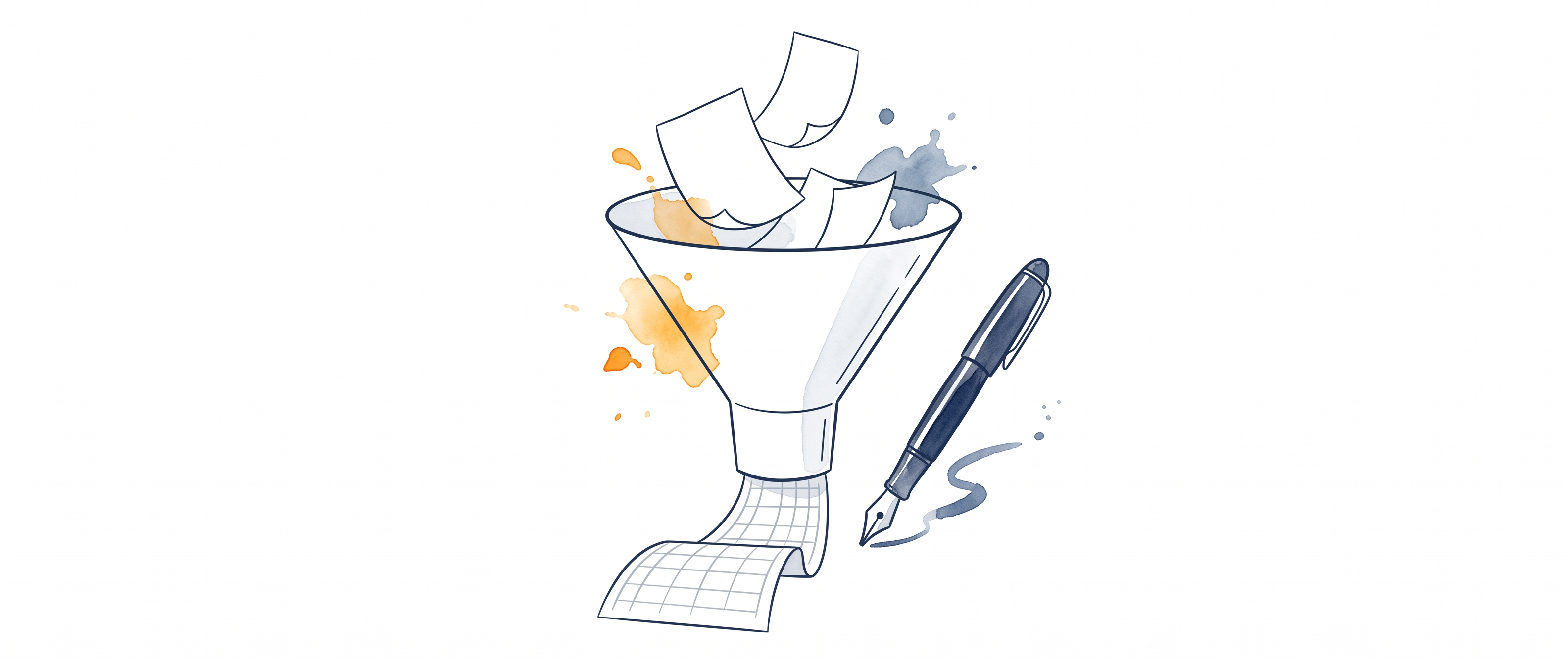 Watercolor illustration of a paper funnel with statement pages dropping in and spreadsheet rows emerging