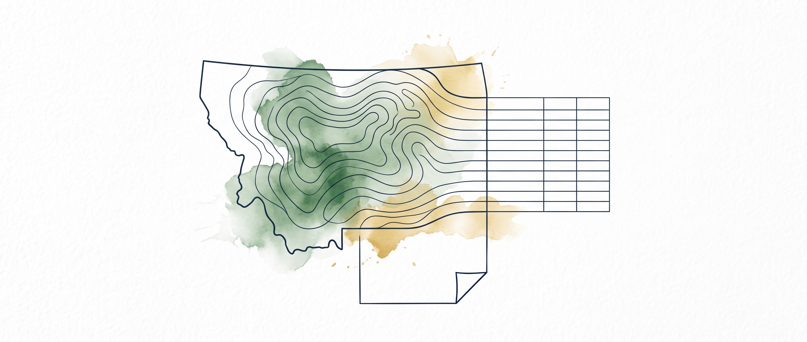 Watercolor illustration of a contour map whose lines flatten into the rows of an empty spreadsheet