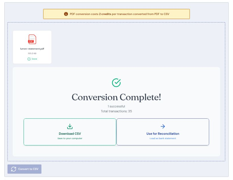 A completed Bluevine statement conversion showing 35 extracted transactions with download and reconcile options