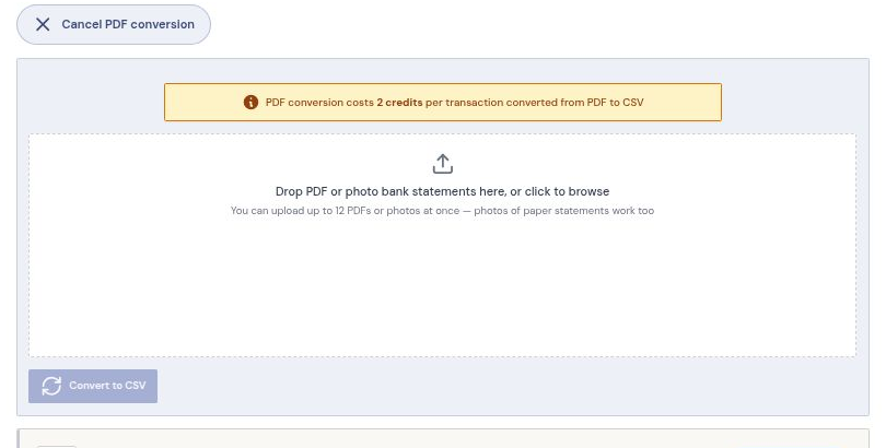 The ReconcileIQ PDF converter upload area accepting Bluevine PDF, scanned and photographed bank statements