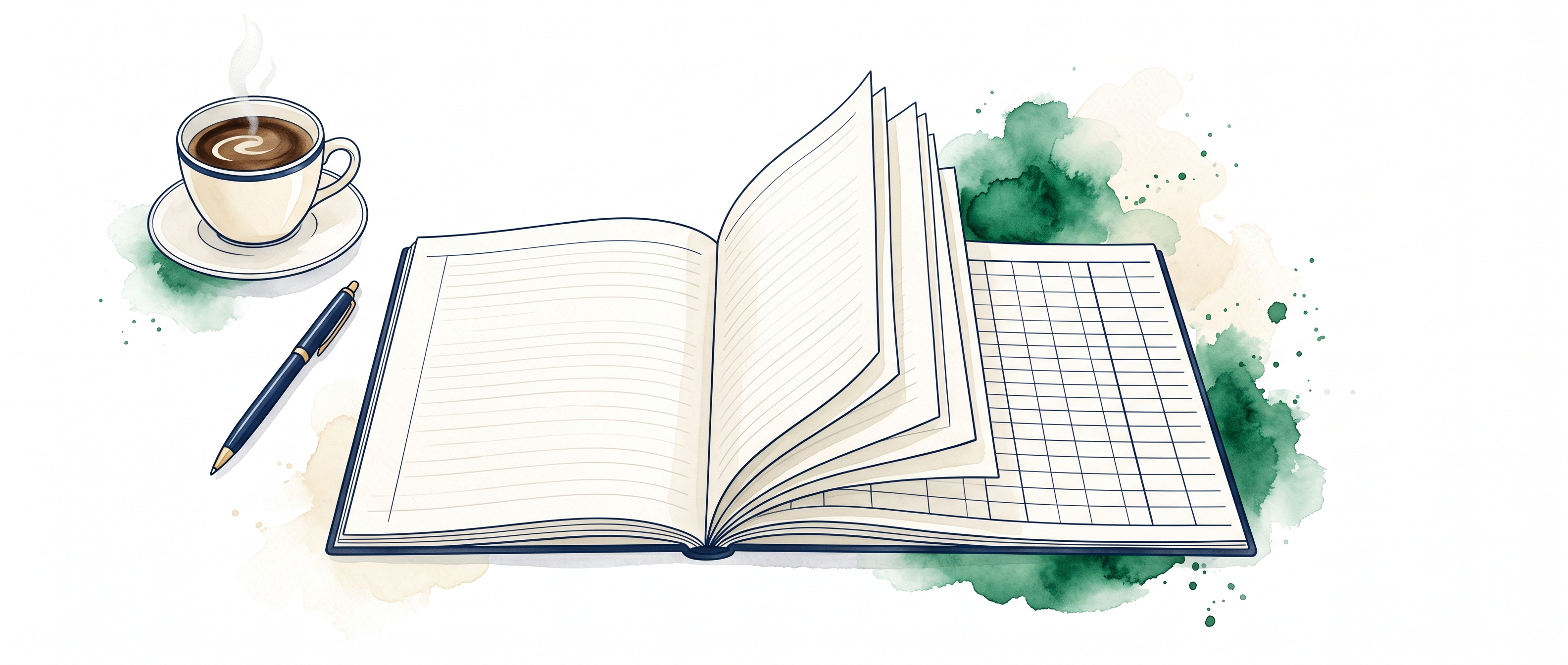 Watercolor illustration of an open green ledger book whose pages fan out into an empty spreadsheet grid