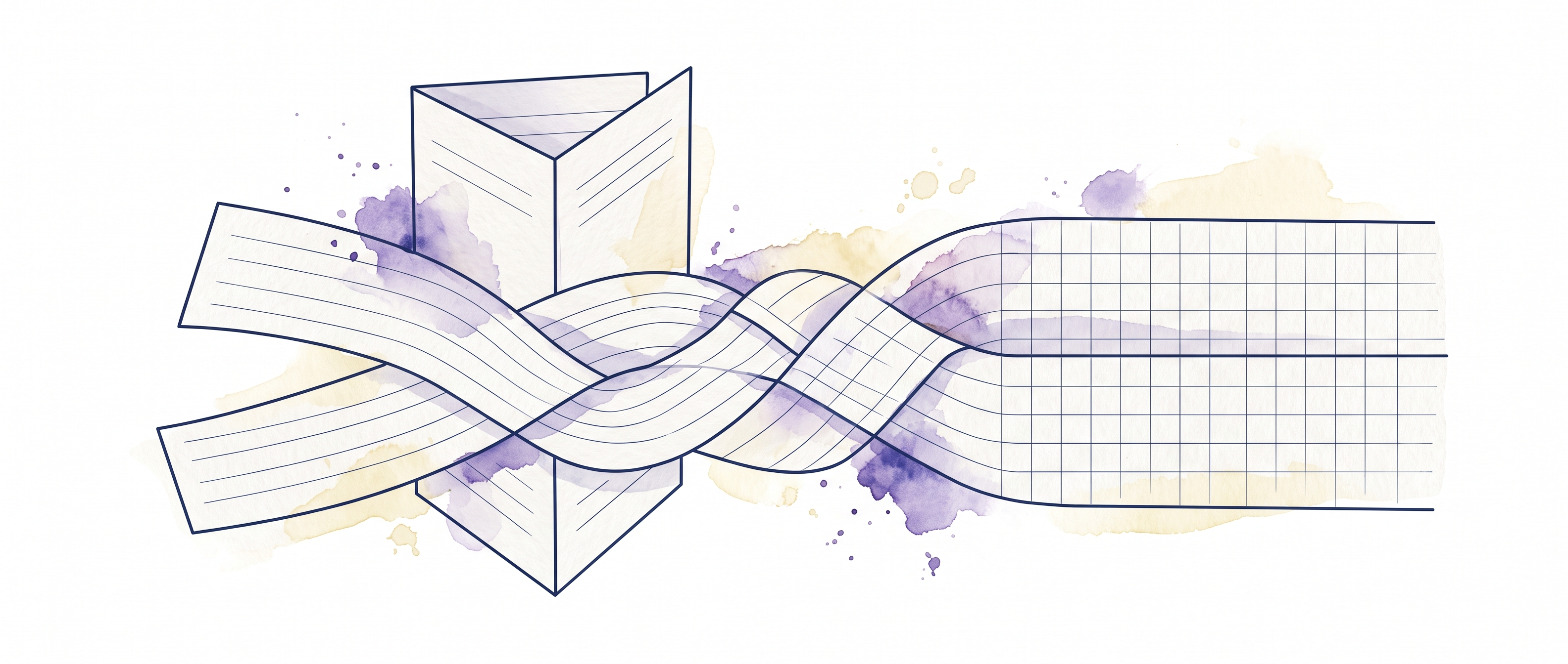 Watercolor illustration of two ribbons of ruled paper braiding into a single column of spreadsheet rows
