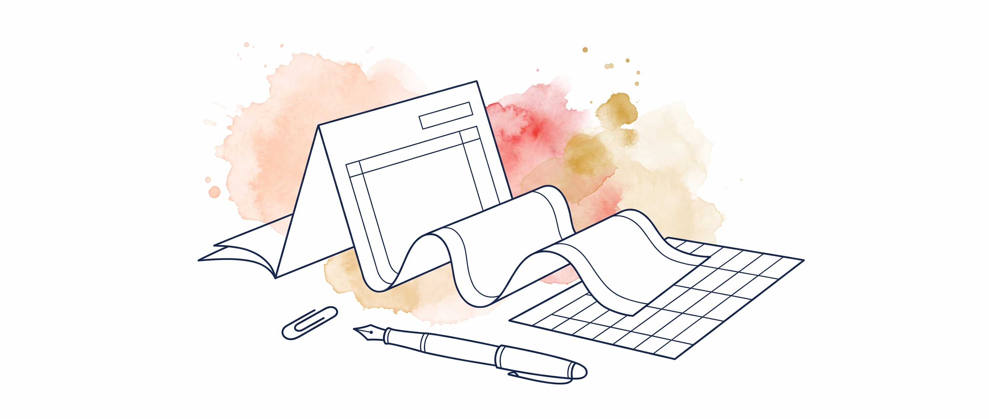 Watercolor illustration of a folded bank statement with ribbons of transaction lines settling into a spreadsheet grid
