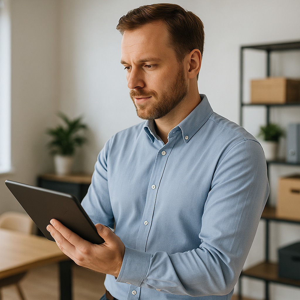 Confident business owner reviewing clean financial reports