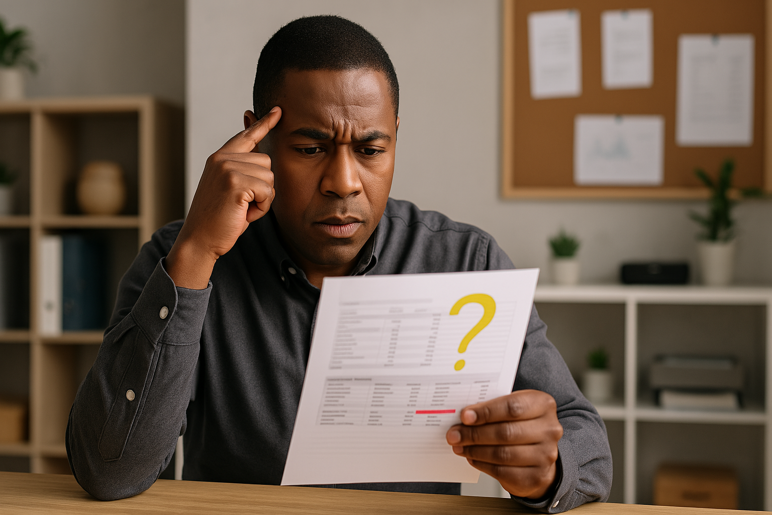 Illustration of confused business owner looking at unbalanced report