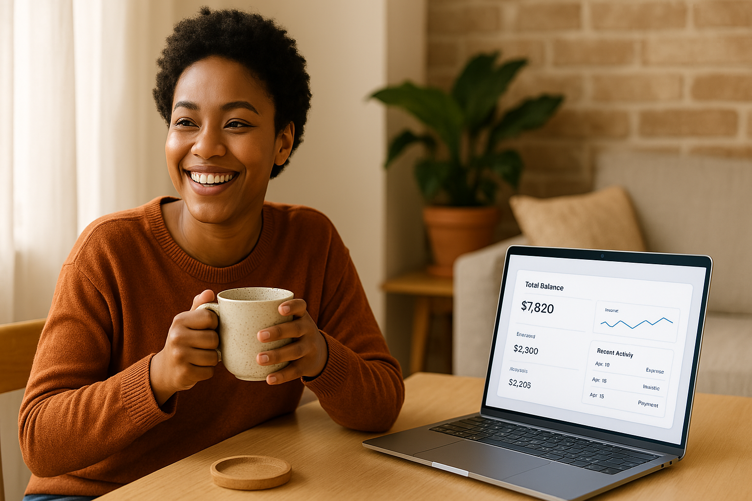 Relaxed freelancer enjoying coffee while easily managing finances