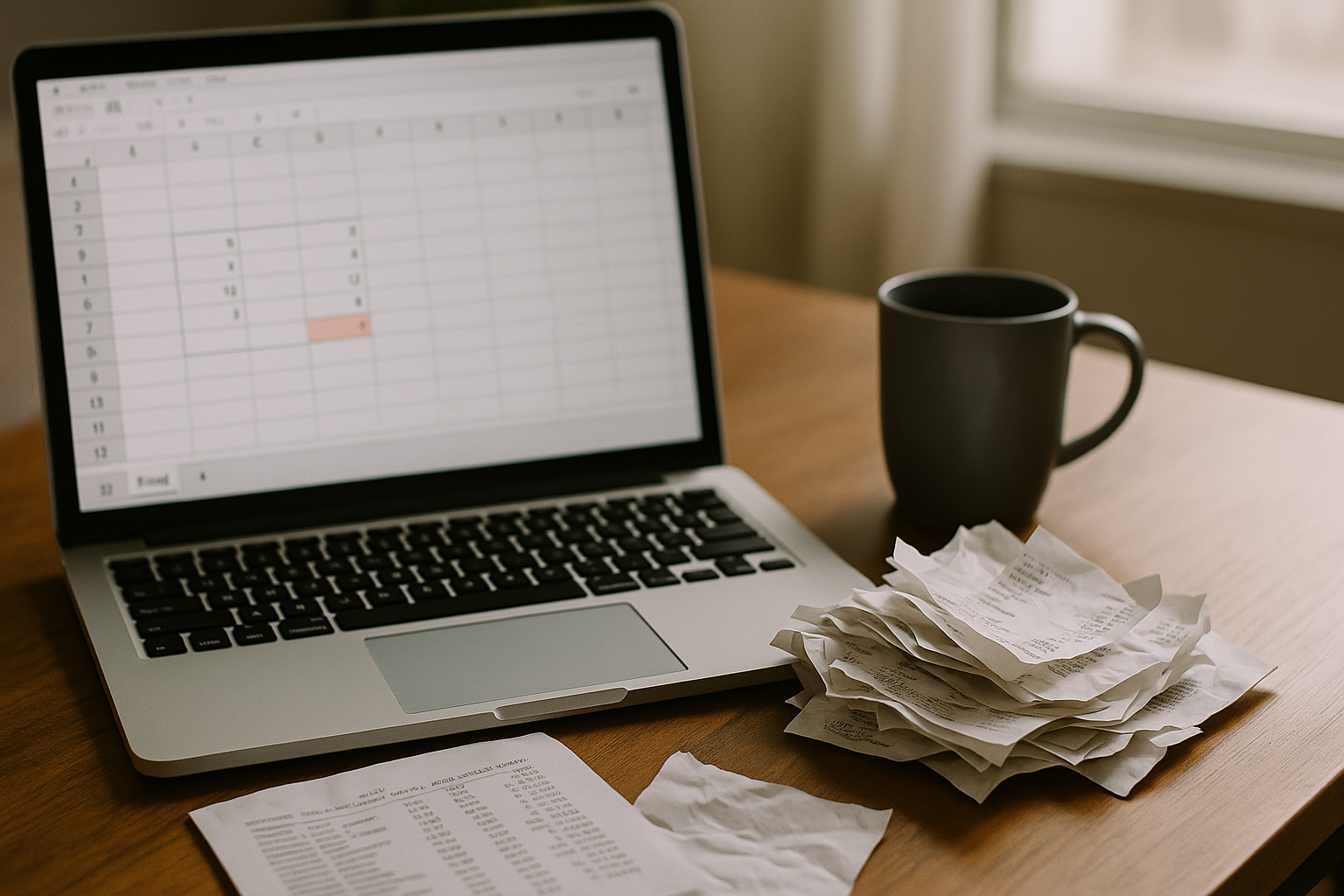 Messy desk with bank statements and spreadsheet