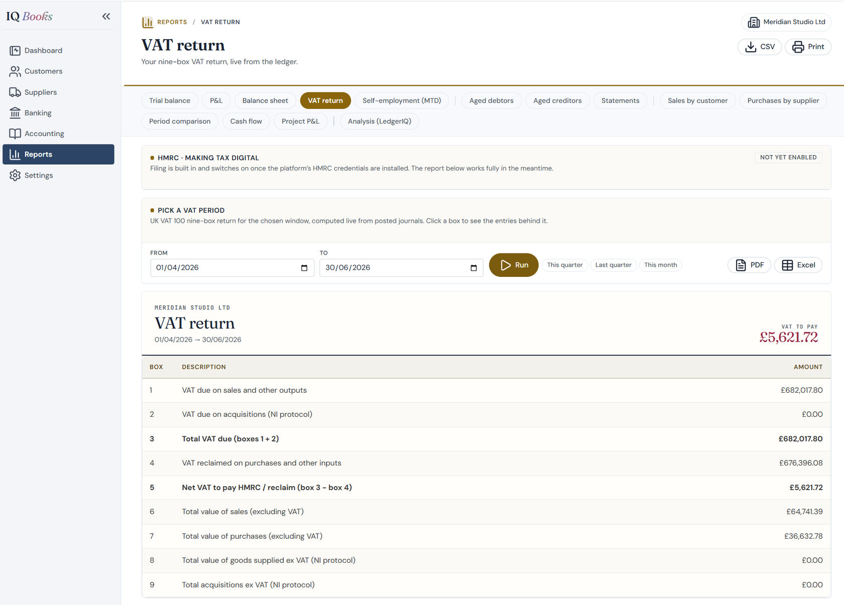 IQ Books VAT return: the VAT100 boxes calculated as it codes, ready to file under Making Tax Digital